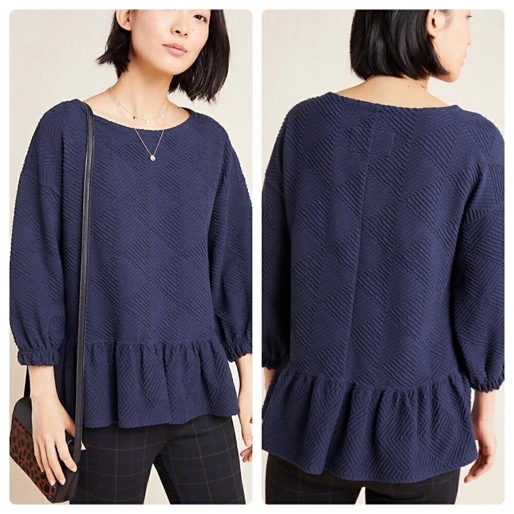 Maeve Anthropologie‎ Navy Blue Textured Diamond Jacquard Peplum Top XXSP